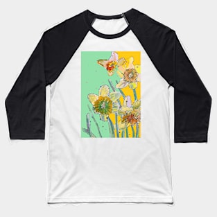 Abstract Yellow Daffodil Watercolor Pattern on Green Baseball T-Shirt